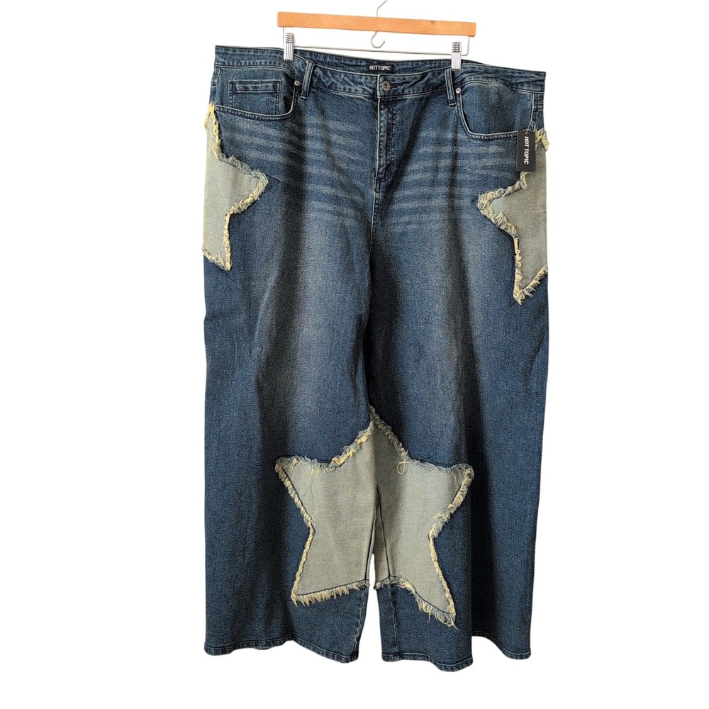 Hot Topic Star Patchwork Wide Leg Jeans Streetwear Blue Denim Womens Plus 26 NEW - Picture 3 of 12